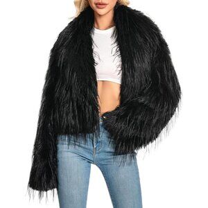 Women's Fur Coats Cropped Faux Fuzzy Warm Jacket Fluffy Fall Coat Black